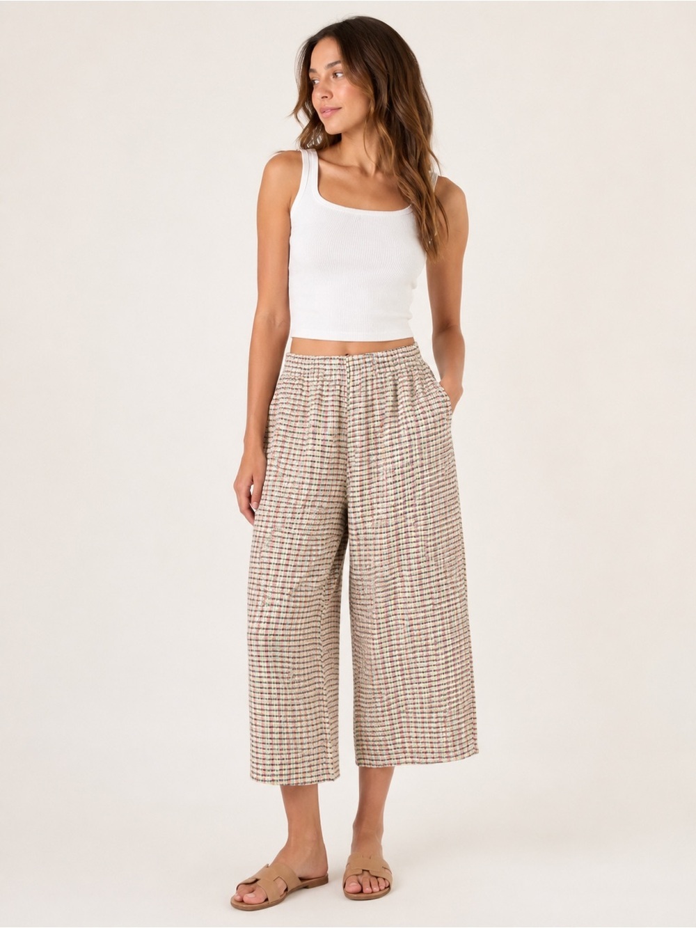 FLAX Womenβs Plaid Linen Blend Wide Leg Crop Pants Pull On Elastic Waist Small
